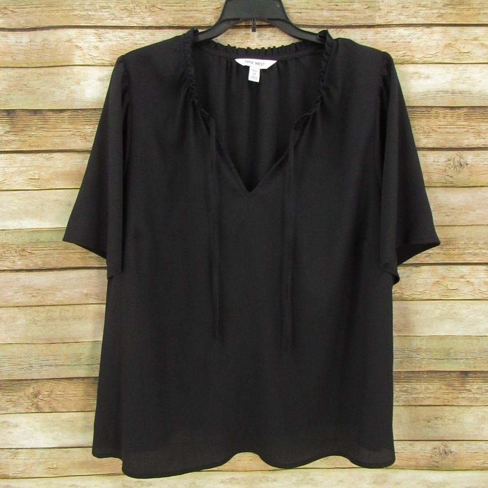 NINE WEST Black V-Neck Ruffle Collar Blouse 1X